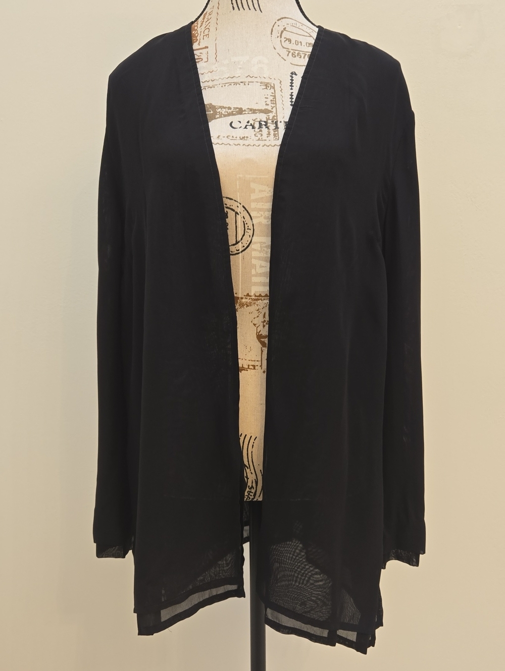 Women's Black Open-Front Lightweight Cardigan With Back And Side Slit Size L